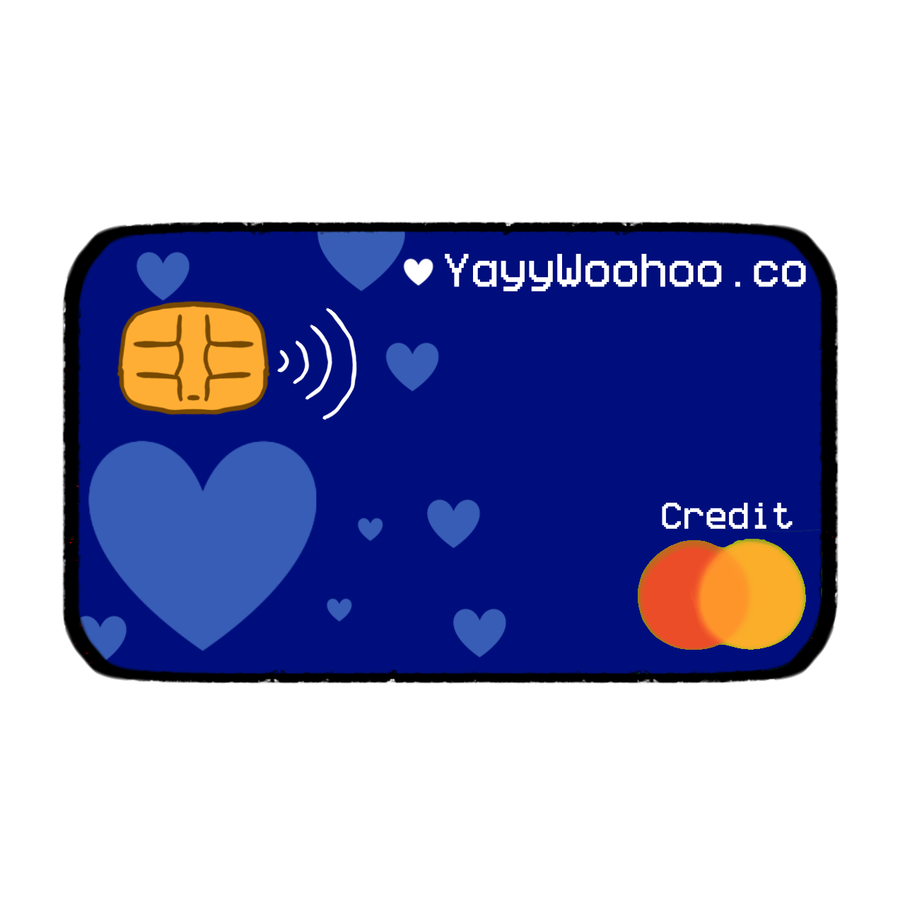 a blue credit card with a yellow chip, the text '♥ YayyWoohoo.co' at the top, scattered blue hearts in the background, and 'Credit' with the Mastercard logo in the bottom right.